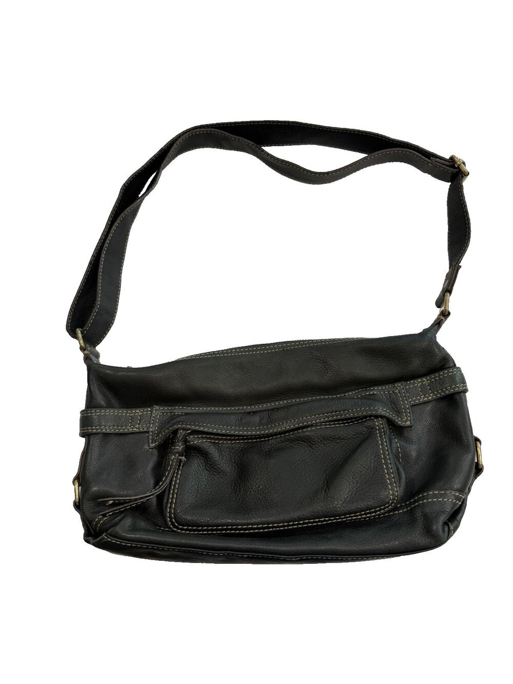Vintage Fossil Black Leather Multi-Pocket Shoulder Bag Y2K Satchel